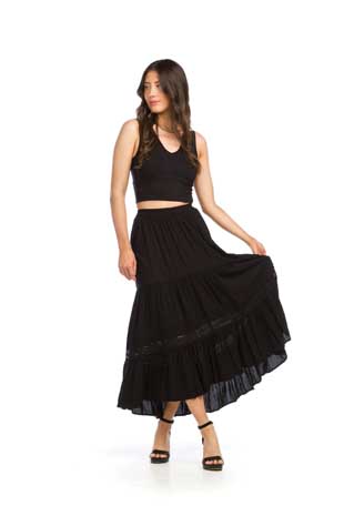 PS-16908 - TIERED ELASTIC WAIST SKIRT WITH LACE INSET - Colors: AS SHOWN - Available Sizes:XS-XXL - Catalog Page:92 